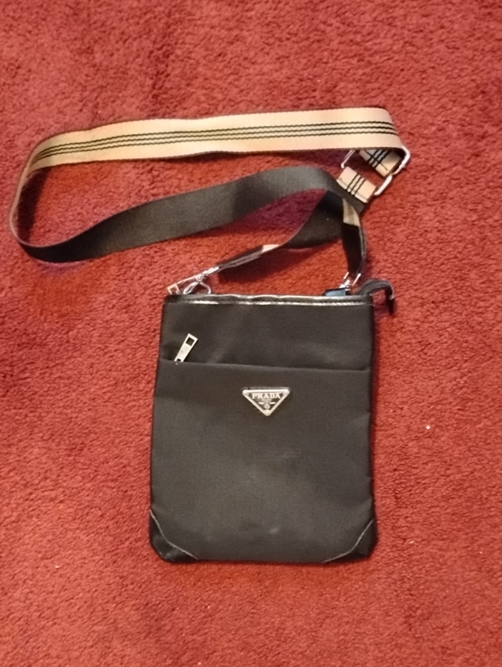 Prada Black Nylon Messenger with Striped Shoulder Strap